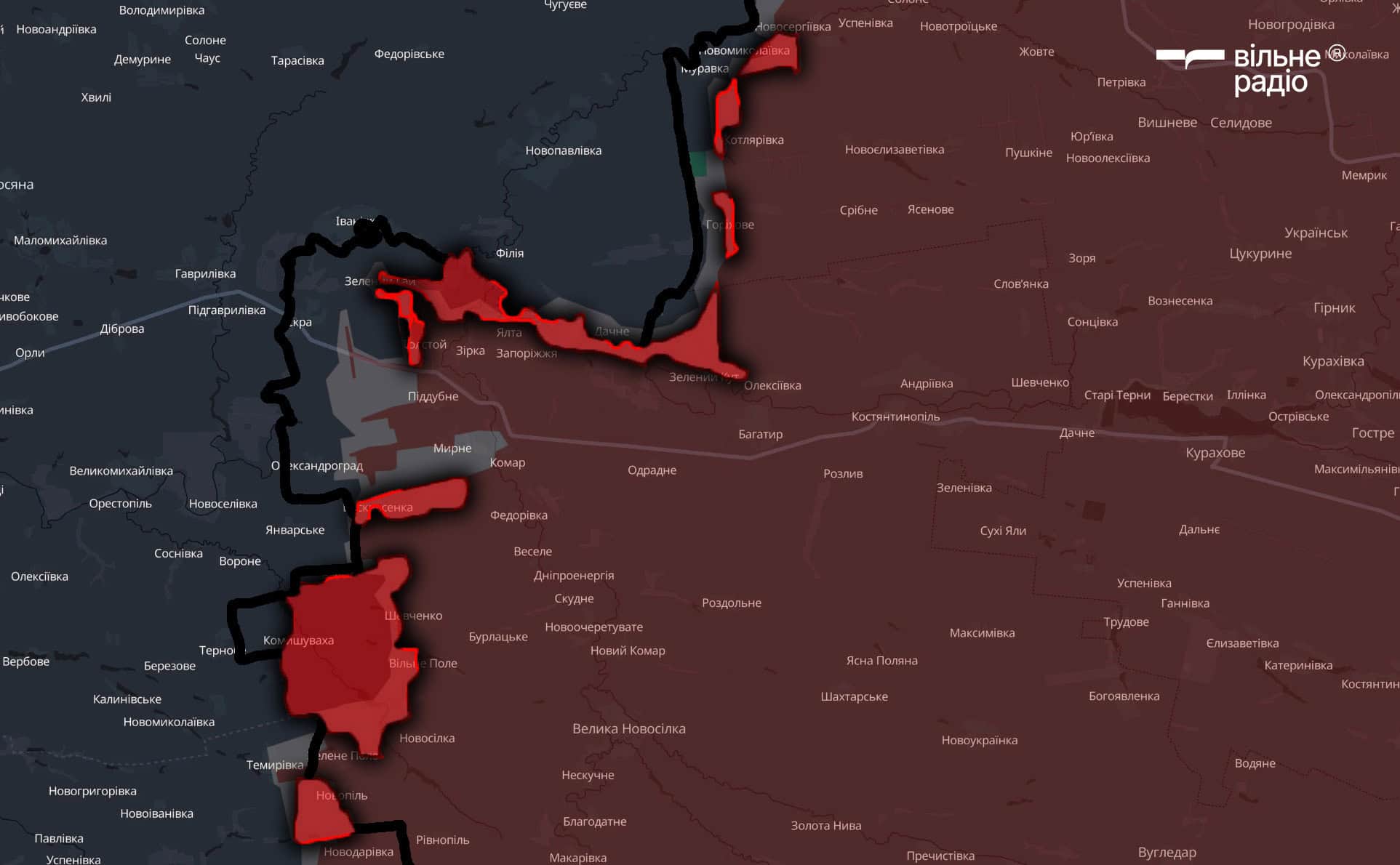 Червоним позначена територія на Новопавлівському напрямку, яку за серпень 2025 року захопила російська армія. Чорна лінія — межа, яка розділює Донецьку та Дніпропетровську області