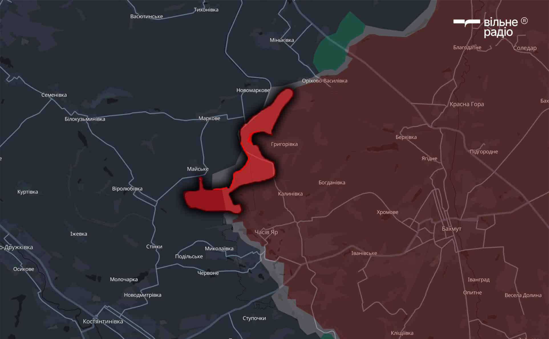 Червоним позначена територія на Часовоярському напрямку, яку за серпень 2025 року захопила російська армія