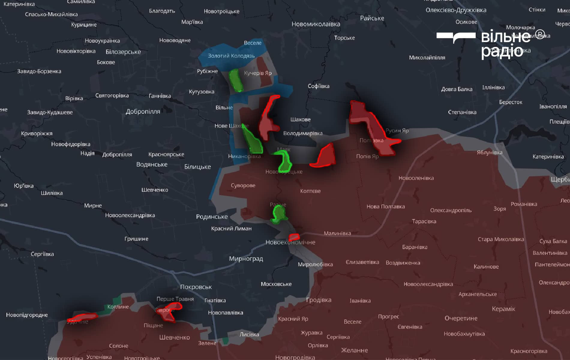 Червоним позначена територія на Покровському напрямку, яку за вересень 2025 року захопила російська армія. Зеленим — яку звільнили підрозділи ЗСУ
