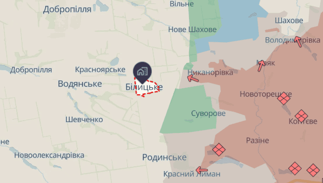 Білицьке на мапі бойових дій. Скриншот Вільного Радіо з аналітичного порталу DeepState
