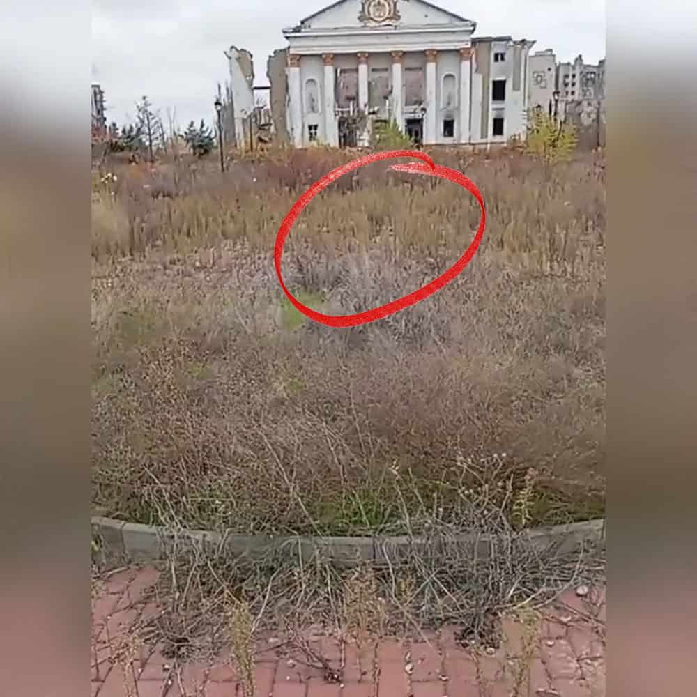 Територія “Алеї троянд” у західній частині Бахмута, листопад 2025 року. Червоним позначена орієнтовна територія, де мав стояти пам’ятник козаку-солевару