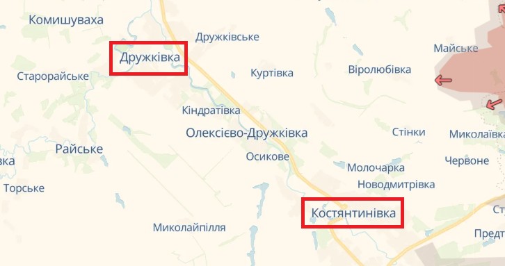 Дружківка й Костянтинівка на мапі бойових дій. Cкриншот Вільного Радіо з аналітичного порталу DeepState