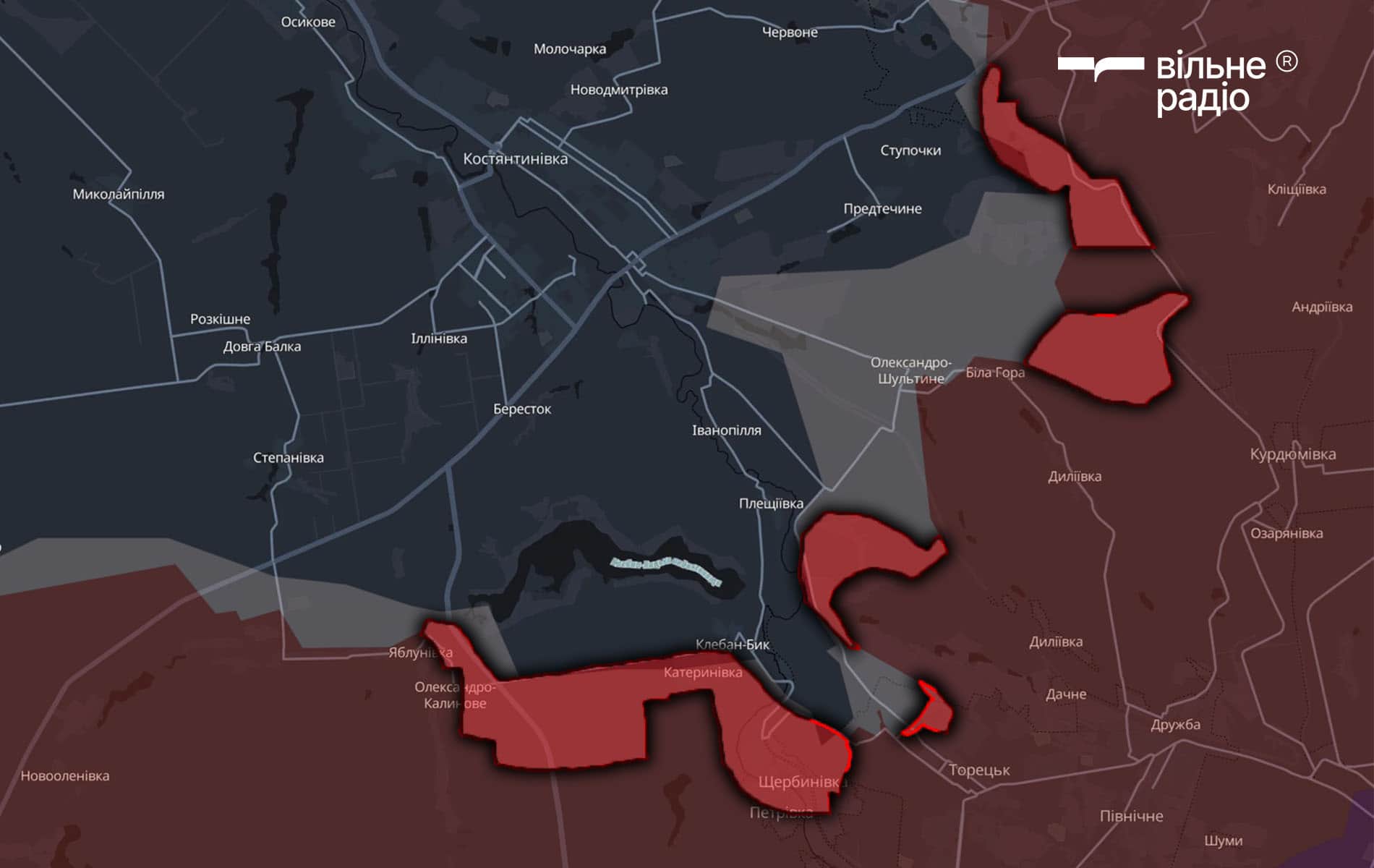 Червоним позначена територія на Костянтинівському напрямку, яку за листопад 2025 року захопила російська армія