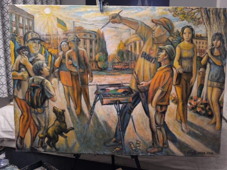 Бахмутский художник представил новую картину о родном городе на выставке в Германии