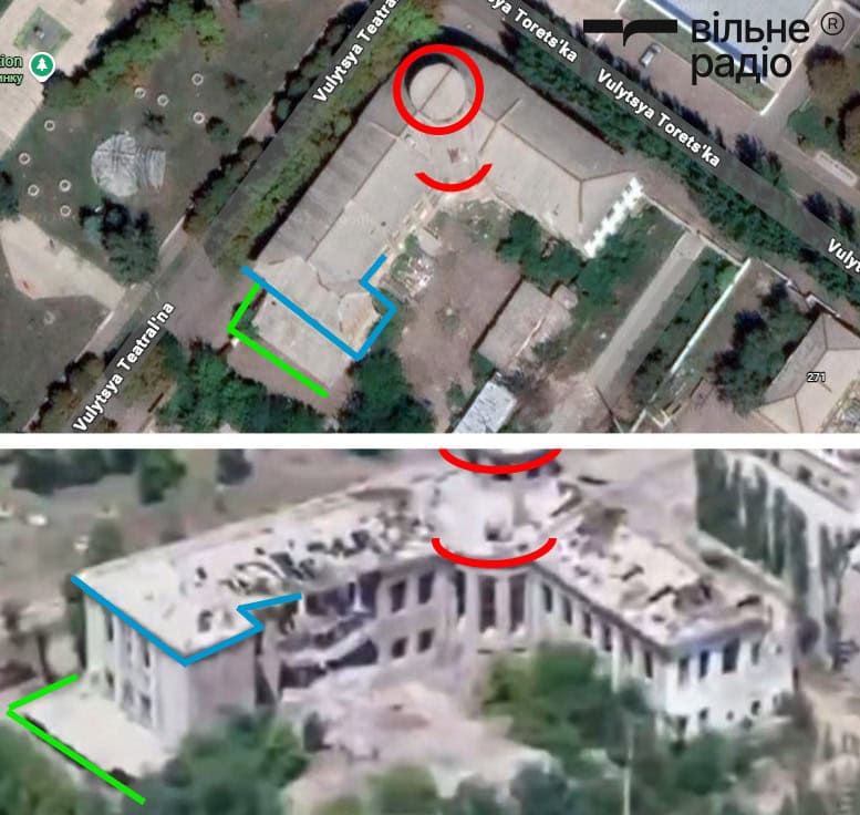 Супутниковий знімок вулиці Торецька, 273 у Костянтинівці — будинок із круглим куполоподібним елементом на покрівлі поблизу скверу імені Шевченка.