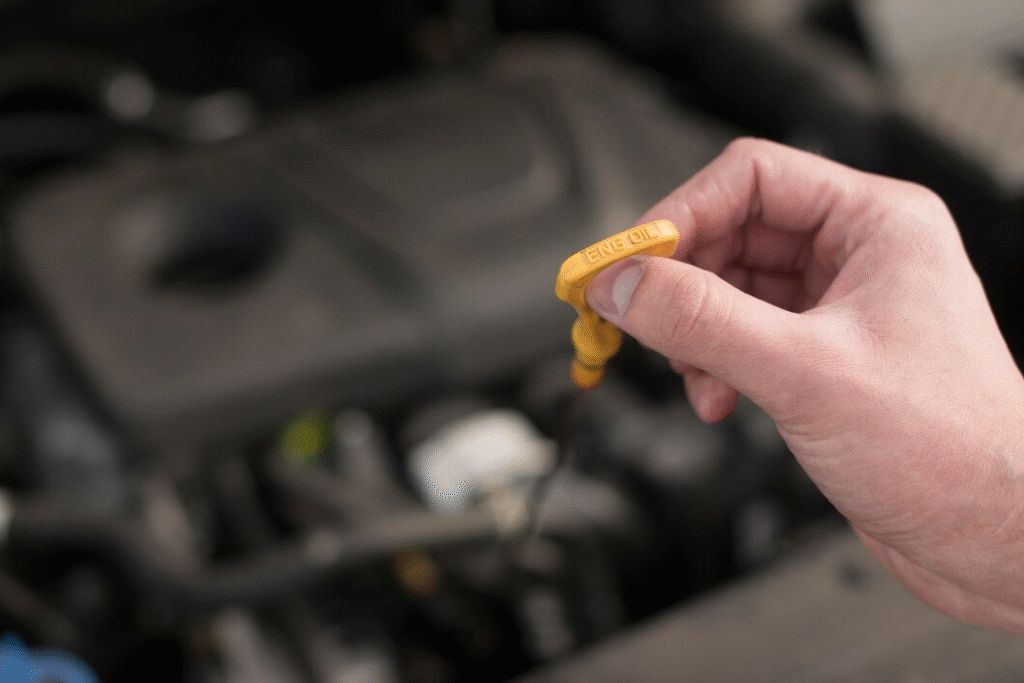 Рука витягує жовтий щуп рівня моторної оливи з двигуна автомобіля