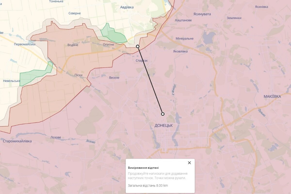 Станом на грудень 2023 року “червона зона” покривала близько половини Донецька. Скриншот мапи: Deepstate