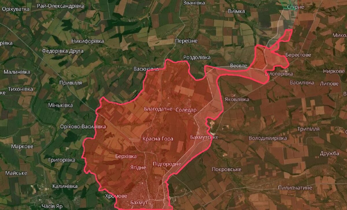 Лінія фронту в районі Соледара. Червоним кольором позначені території, які упродовж 2023 року вдалося захопити окупантам