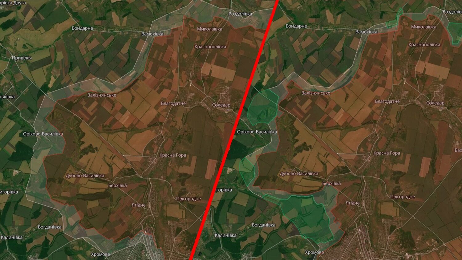 Ліворуч — мапа боїв на Соледарському напрямку станом на 31 березня, а праворуч — наприкінці серпня