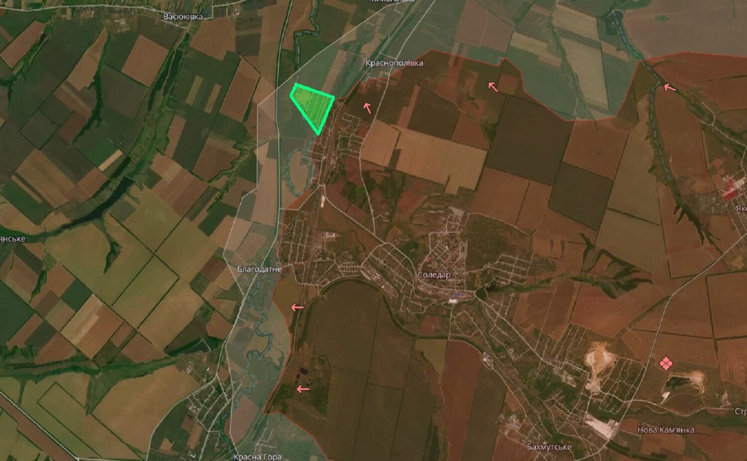 Лінія фронту станом на 22 січня 2022 року. Зеленим позначені південні околиці Соледара, де ЗСУ протримались найдовше